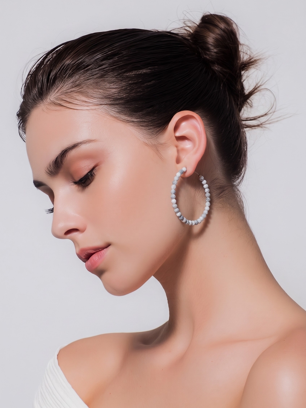 Beaded Hoop Earrings in Light Gray and White